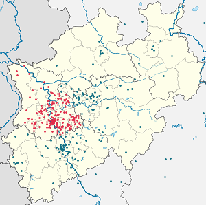 Karte von Regierungsbezirk Düsseldorf mit Markierungen für die einzelnen Unterstützenden